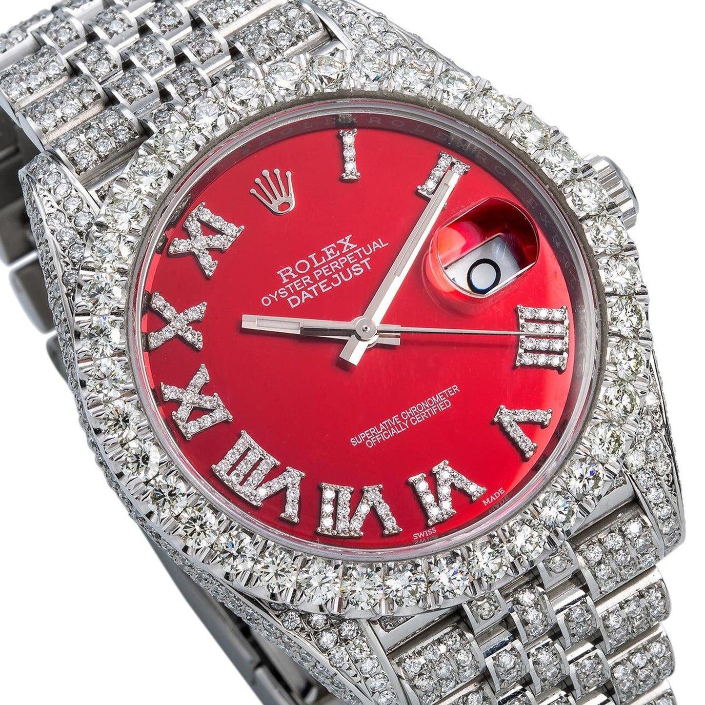 Rolex Datejust 41MM 116334 Red Roman Diamond Dial Diamond Bezel Stainless Steel Full Diamond Jubilee Bracelet 11.75ct