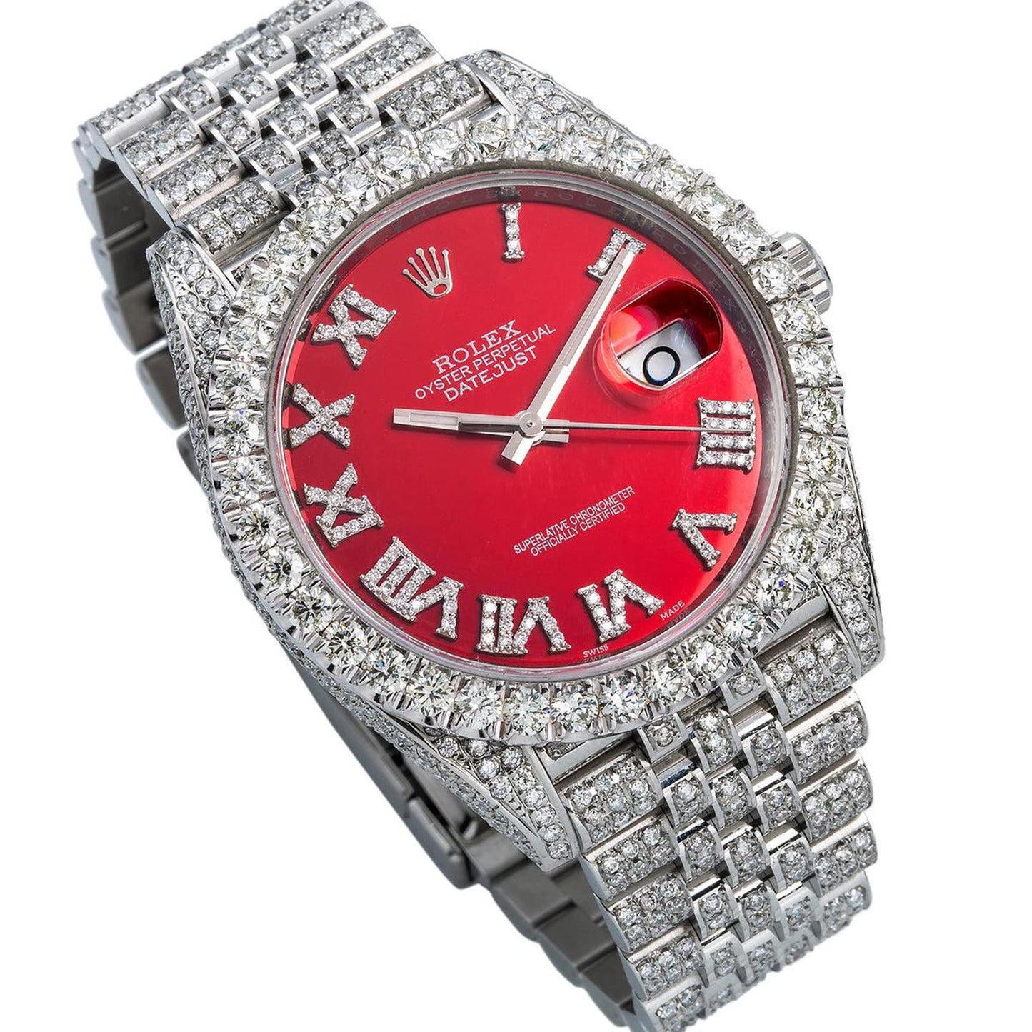 Rolex Datejust 41MM 116334 Red Roman Diamond Dial Diamond Bezel Stainless Steel Full Diamond Jubilee Bracelet 11.75ct