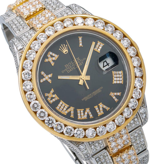 Rolex Datejust II 41MM 116333 Black Roman Diamond Dial Diamond Bezel Two Tone Yellow Gold Full Diamond Oyster Bracelet 16.25ct