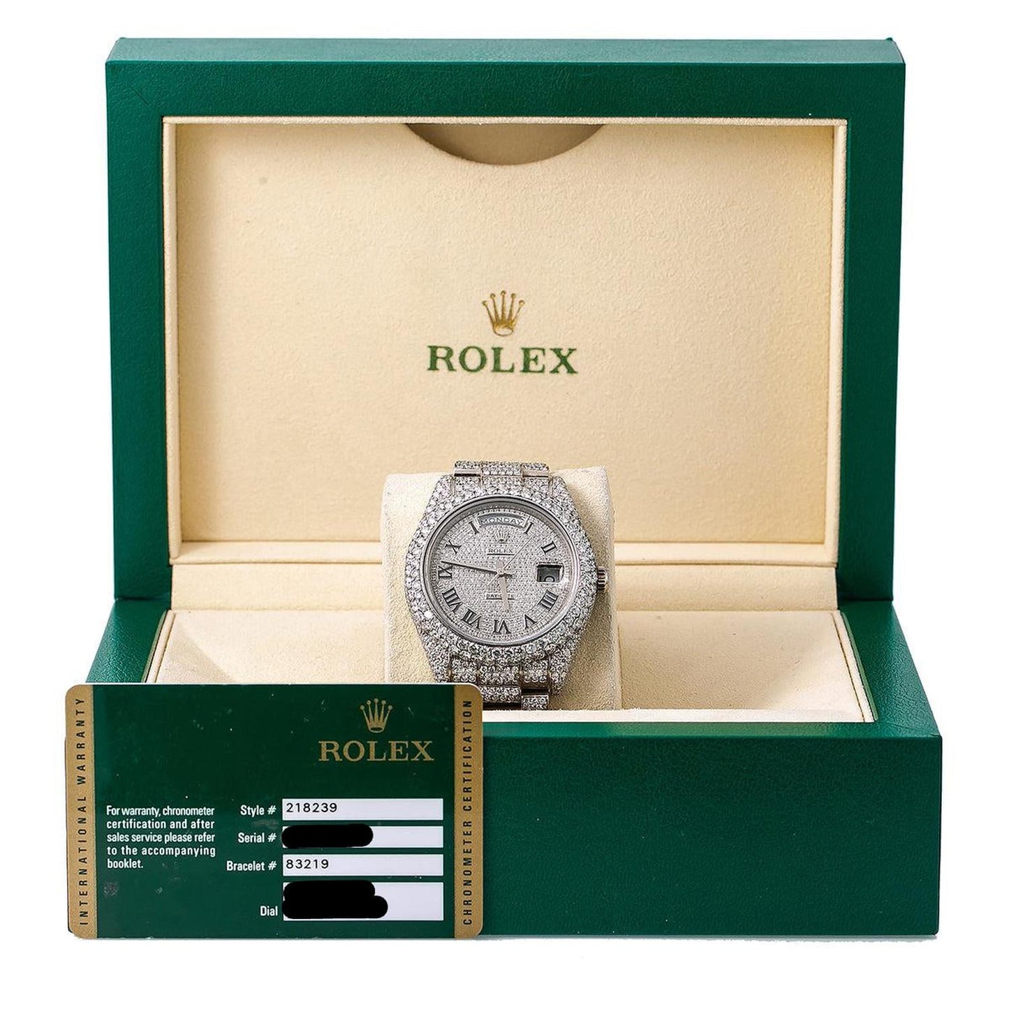 Rolex Day-Date II 41MM 218239 Diamond Paved Roman Dial Diamond Bezel 18K White Gold Full Diamond President Bracelet