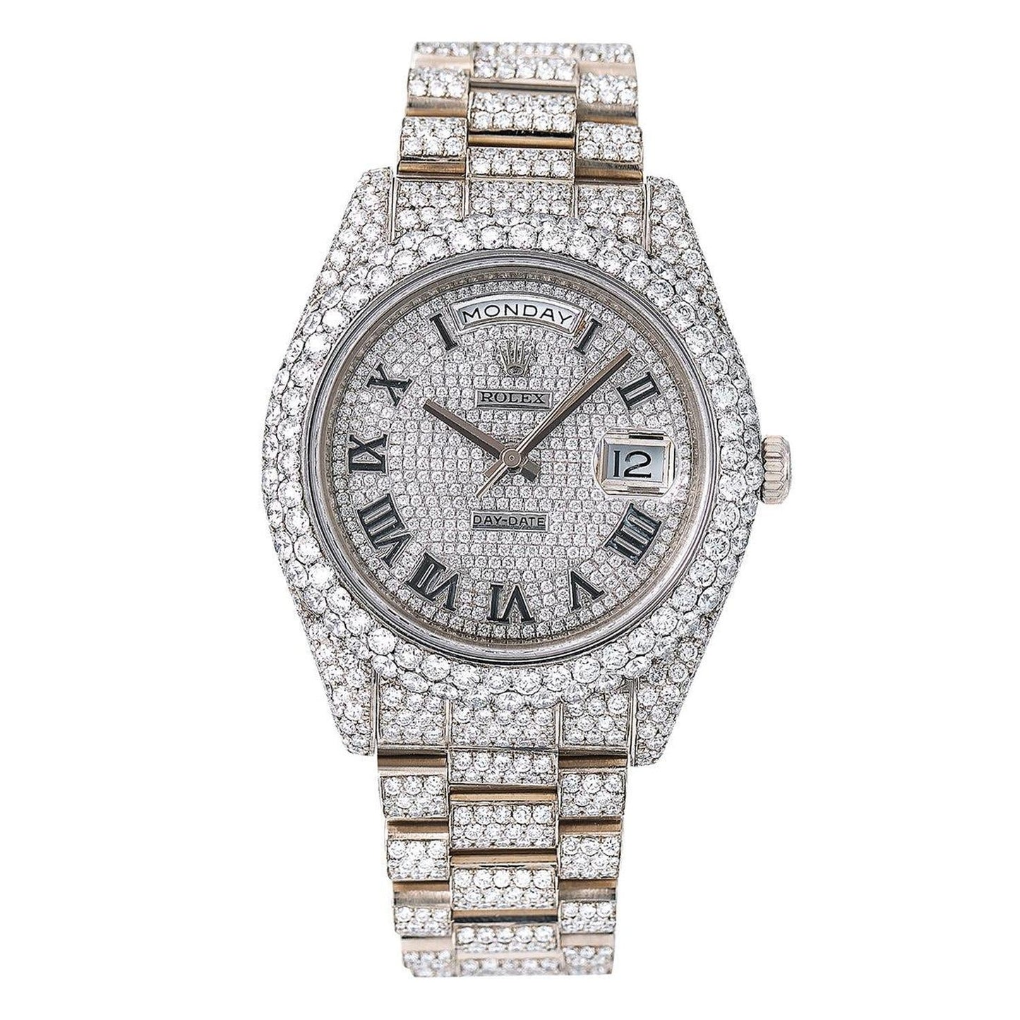 Rolex Day-Date II 41MM 218239 Diamond Paved Roman Dial Diamond Bezel 18K White Gold Full Diamond President Bracelet