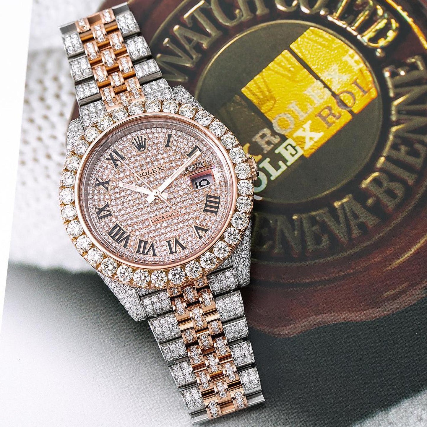Rolex Datejust 41MM 126331 Diamond Paved Roman Dial Diamond Bezel Two Tone Rose Gold Full Diamond Jubilee Bracelet 22.5ct