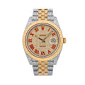 Rolex Datejust 41MM 126333 Diamond Paved Red Roman Dial Fluted Bezel Two Tone Yellow Gold Full Diamond Jubilee Bracelet