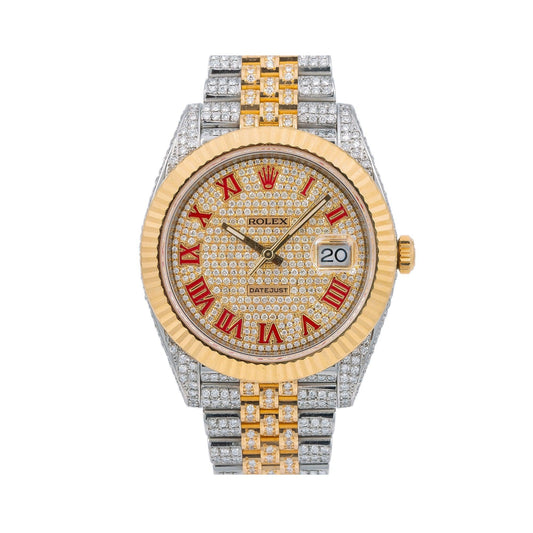 Rolex Datejust 41MM 126333 Diamond Paved Red Roman Dial Fluted Bezel Two Tone Yellow Gold Full Diamond Jubilee Bracelet