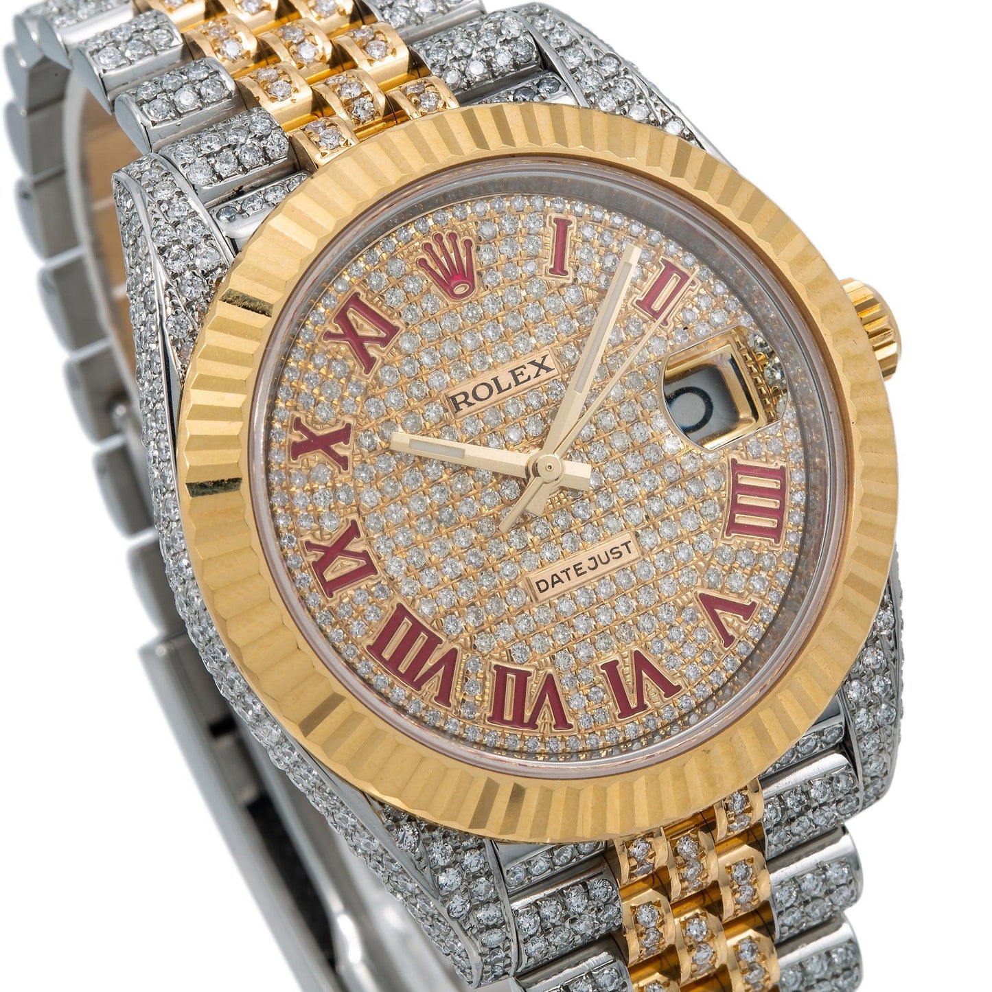 Rolex Datejust 41MM 126333 Diamond Paved Red Roman Dial Fluted Bezel Two Tone Yellow Gold Full Diamond Jubilee Bracelet