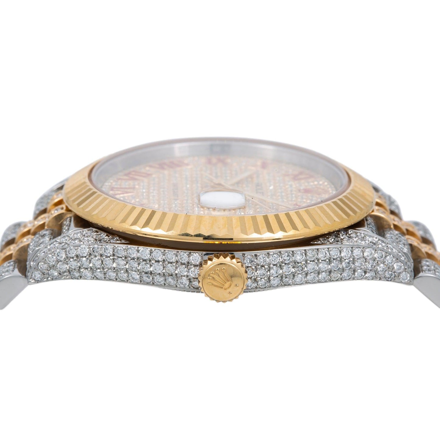 Rolex Datejust 41MM 126333 Diamond Paved Red Roman Dial Fluted Bezel Two Tone Yellow Gold Full Diamond Jubilee Bracelet