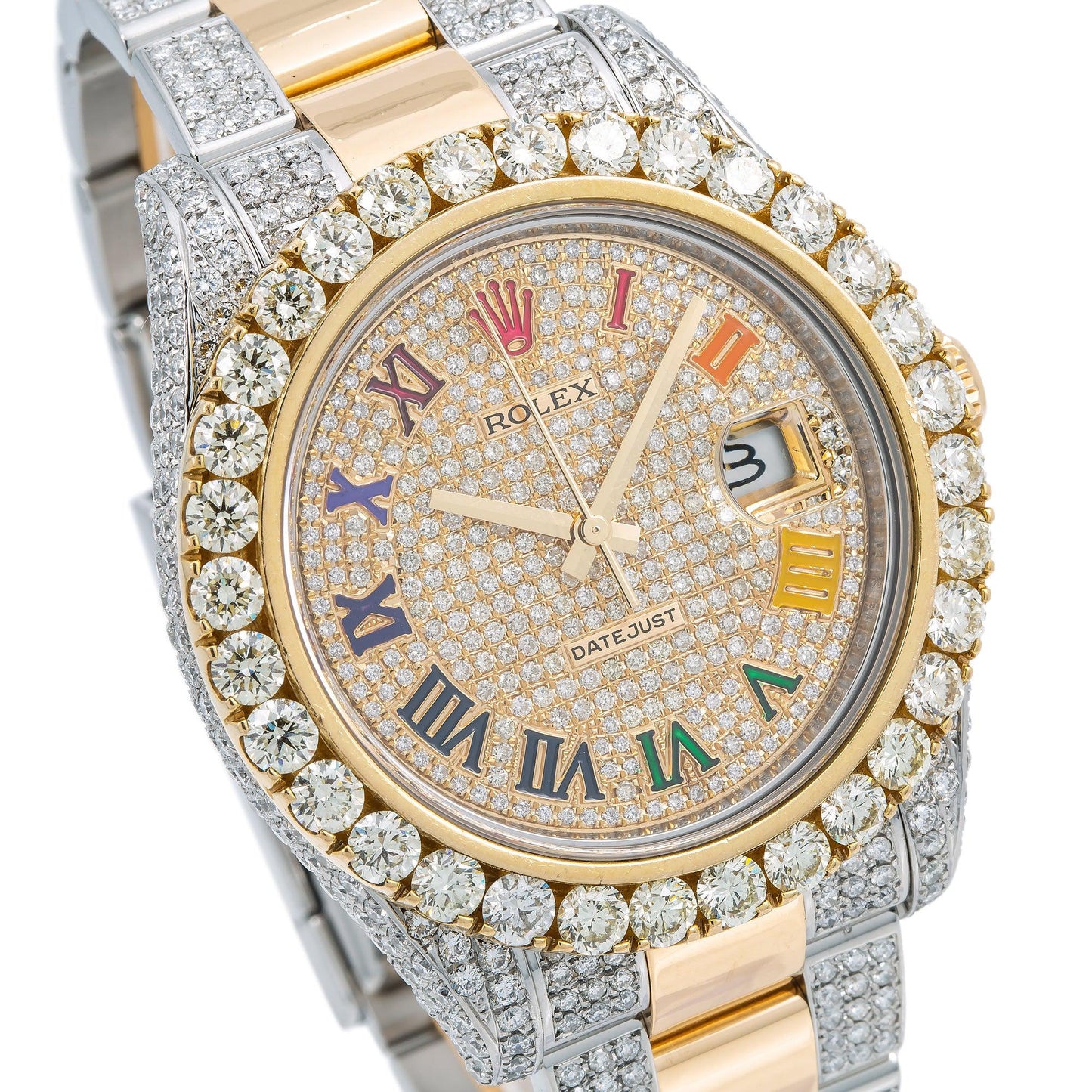 Rolex Datejust 41MM 116333 Diamond Paved Rainbow Roman Dial Diamond Bezel Two Tone Yellow Gold Semi Diamond Oyster Bracelet