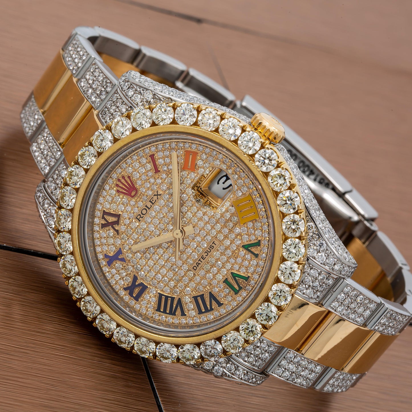 Rolex Datejust 41MM 116333 Diamond Paved Rainbow Roman Dial Diamond Bezel Two Tone Yellow Gold Semi Diamond Oyster Bracelet