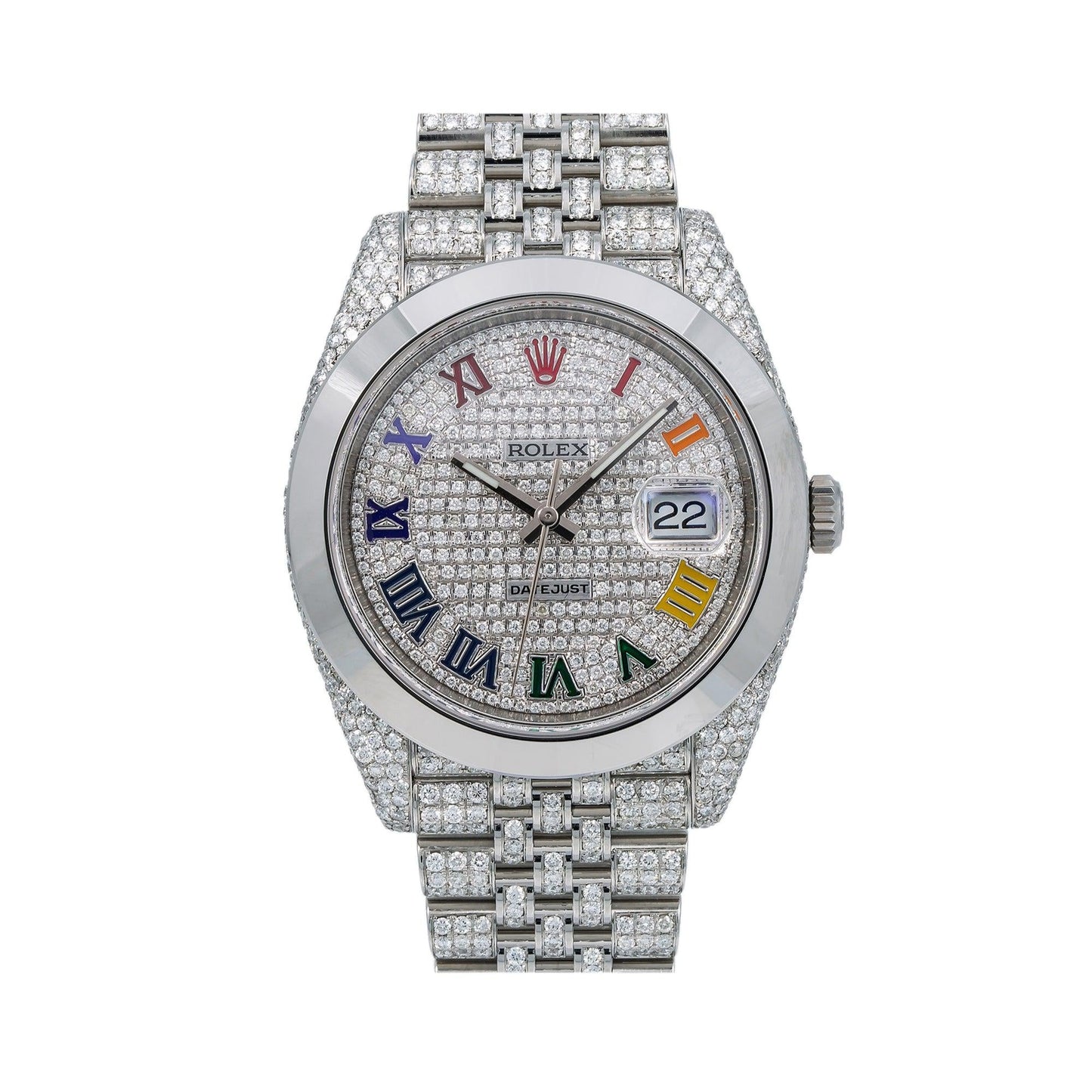 Rolex Datejust 41MM 126333 Diamond Paved Rainbow Roman Dial Smooth Bezel Stainless Steel Full Diamond Jubilee Bracelet