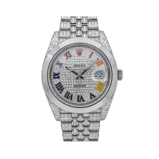 Rolex Datejust 41MM 126333 Diamond Paved Rainbow Roman Dial Smooth Bezel Stainless Steel Full Diamond Jubilee Bracelet