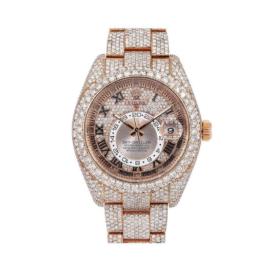 Rolex Sky-Dweller 42MM 326935 Diamond Paved Roman Dial Diamond Bezel 18K Rose Gold Full Diamond Oyster Bracelet