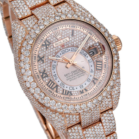 Rolex Sky-Dweller 42MM 326935 Diamond Paved Roman Dial Diamond Bezel 18K Rose Gold Full Diamond Oyster Bracelet