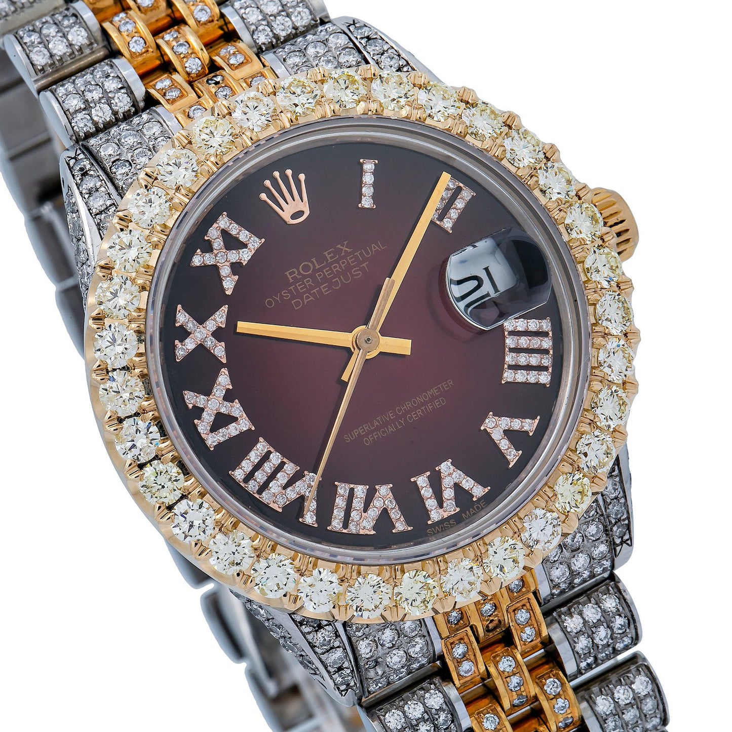 Rolex Datejust 36MM 16233 Red Roman Diamond Dial Diamond Bezel Two Tone Yellow Gold Full Diamond Jubilee Bracelet