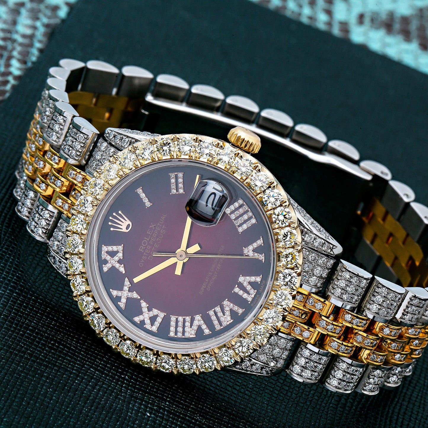 Rolex Datejust 36MM 16233 Red Roman Diamond Dial Diamond Bezel Two Tone Yellow Gold Full Diamond Jubilee Bracelet