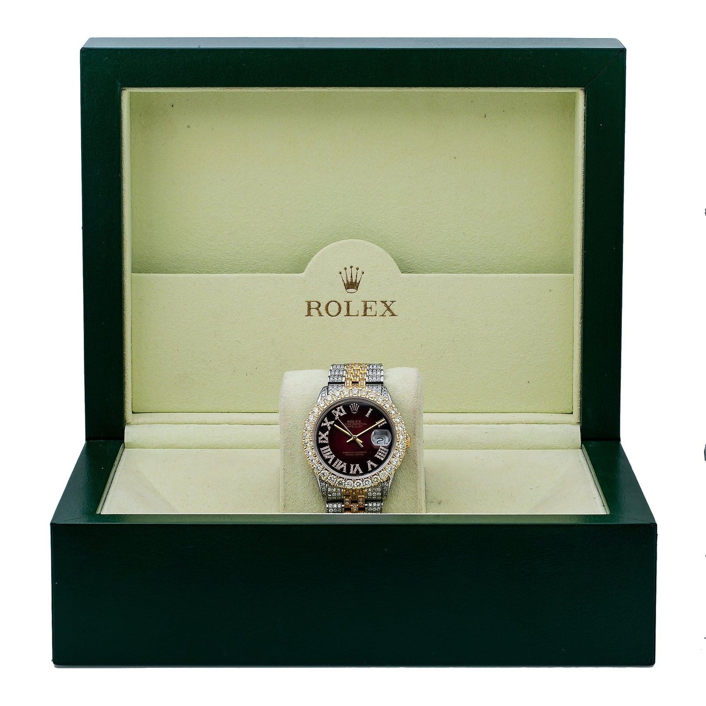 Rolex Datejust 36MM 16233 Red Roman Diamond Dial Diamond Bezel Two Tone Yellow Gold Full Diamond Jubilee Bracelet