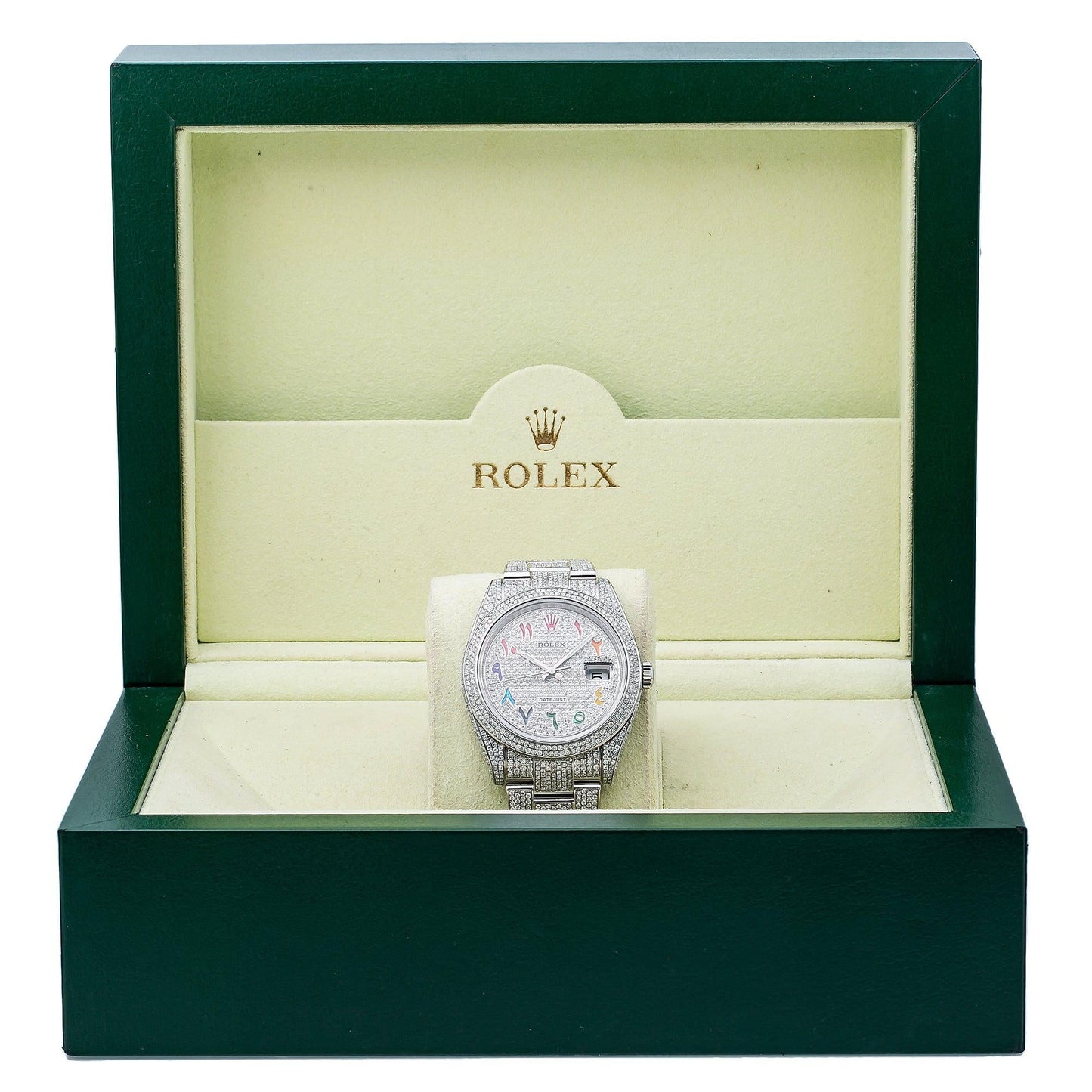 Rolex Datejust 41MM 126300 Diamond Paved Rainbow Eastern Arabic Dial Diamond Bezel Stainless Steel Full Diamond Oyster Bracelet