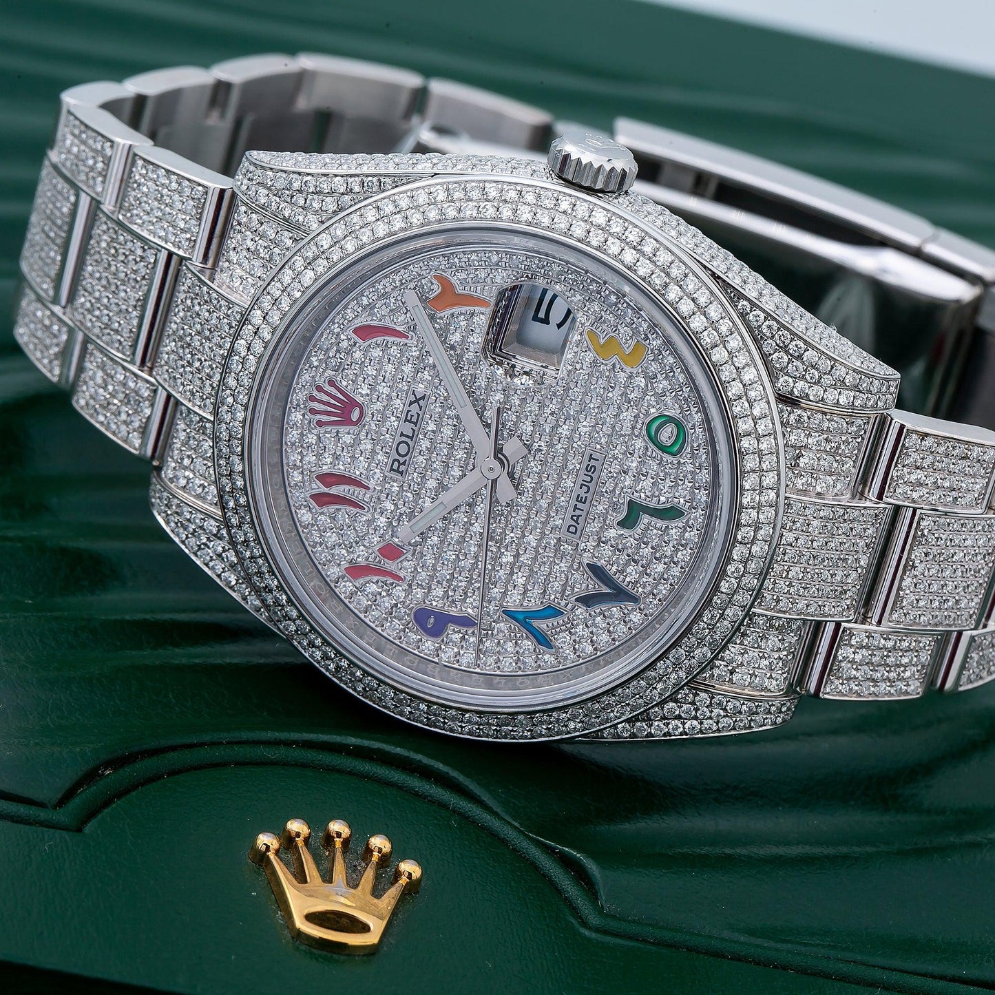 Rolex Datejust 41MM 126300 Diamond Paved Rainbow Eastern Arabic Dial Diamond Bezel Stainless Steel Full Diamond Oyster Bracelet