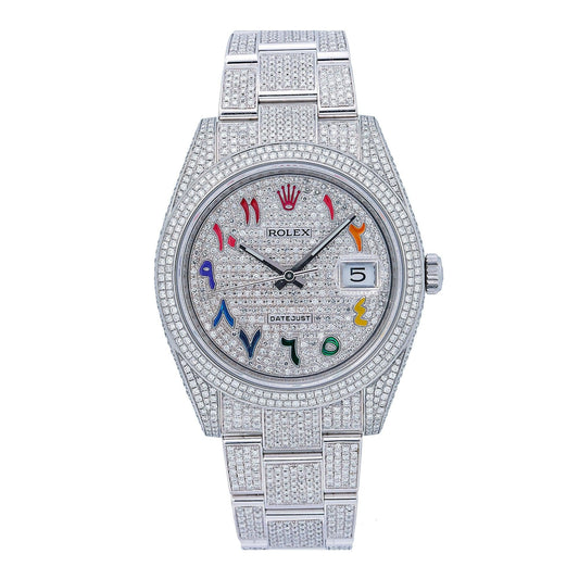 Rolex Datejust 41MM 126300 Diamond Paved Rainbow Eastern Arabic Dial Diamond Bezel Stainless Steel Full Diamond Oyster Bracelet