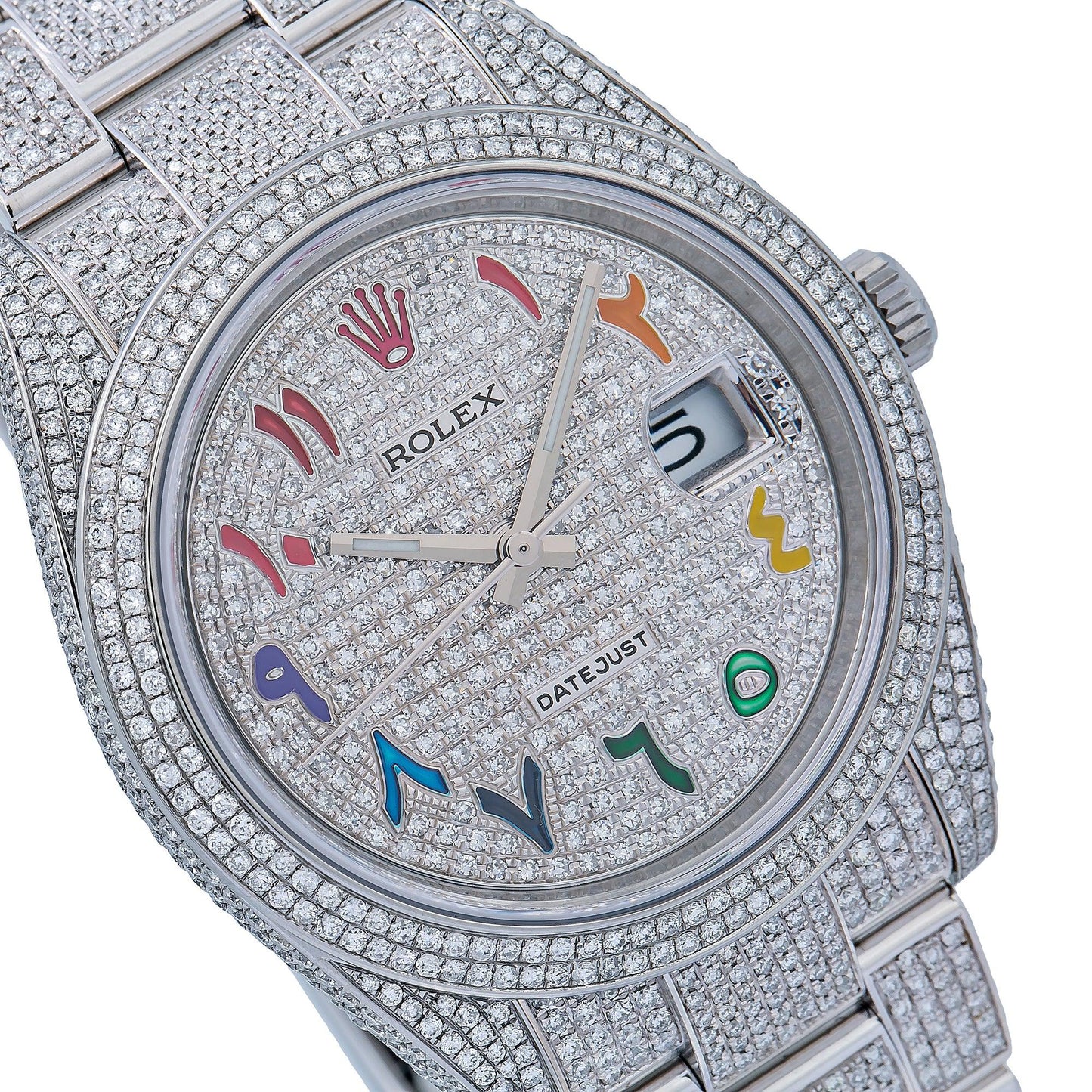 Rolex Datejust 41MM 126300 Diamond Paved Rainbow Eastern Arabic Dial Diamond Bezel Stainless Steel Full Diamond Oyster Bracelet