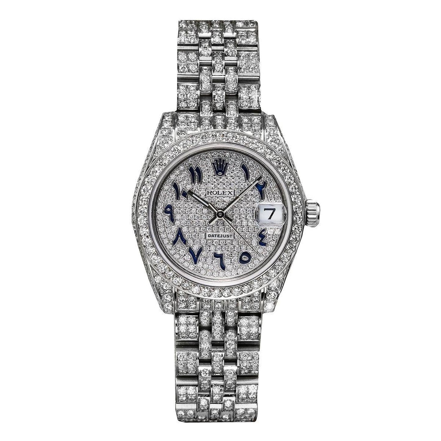 Rolex Datejust 26MM 179174 Diamond Paved Eastern Arabic Dial Diamond Bezel Stainless Steel Full Diamond Jubilee Bracelet