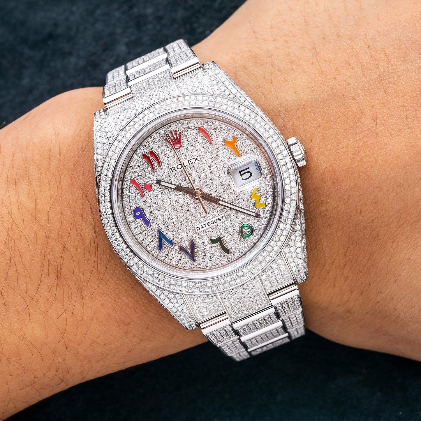 Rolex Datejust 41MM 126300 Diamond Paved Rainbow Eastern Arabic Dial Diamond Bezel Stainless Steel Full Diamond Oyster Bracelet