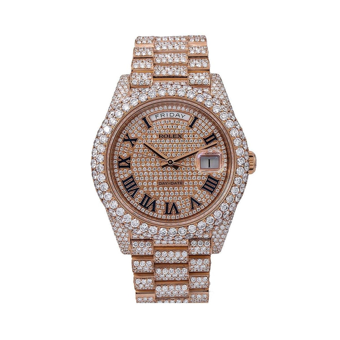 Rolex Day-Date 40MM 228235 Diamond Paved Roman Dial Diamond Bezel 18K Rose Gold Full Diamond President Bracelet 25.25ct