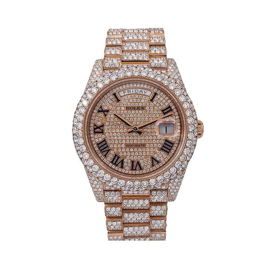 Rolex Day-Date 40MM 228235 Diamond Paved Roman Dial Diamond Bezel 18K Rose Gold Full Diamond President Bracelet 25.25ct