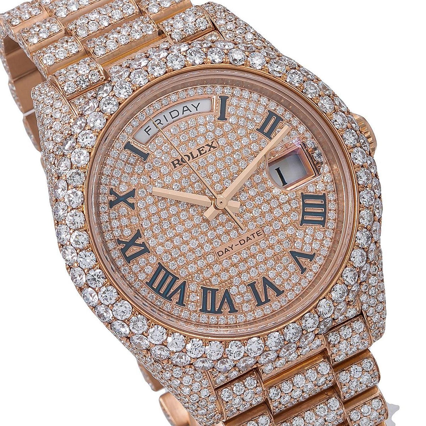 Rolex Day-Date 40MM 228235 Diamond Paved Roman Dial Diamond Bezel 18K Rose Gold Full Diamond President Bracelet 25.25ct