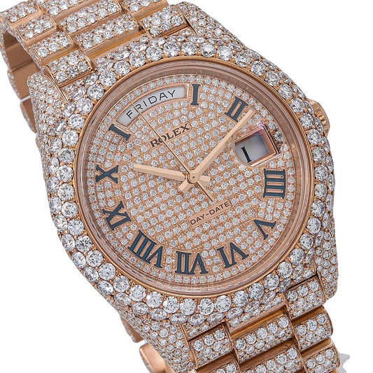 Rolex Day-Date 40MM 228235 Diamond Paved Roman Dial Diamond Bezel 18K Rose Gold Full Diamond President Bracelet 25.25ct