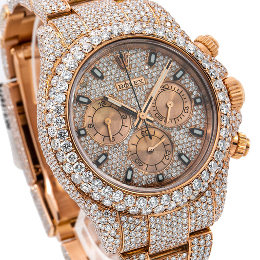Rolex Cosmograph Daytona 40MM 116505 Diamond Paved Dial Diamond Bezel 18K Rose Gold Full Diamond Oyster Bracelet