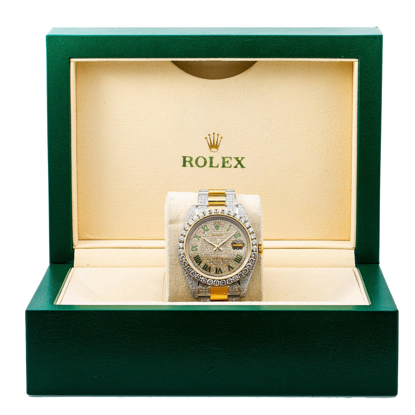 Rolex Datejust 36MM 116233 Diamond Paved Green Roman Dial Diamond Bezel Two Tone Yellow Gold Semi Diamond Oyster Bracelet 14.25ct