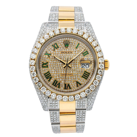 Rolex Datejust 36MM 116233 Diamond Paved Green Roman Dial Diamond Bezel Two Tone Yellow Gold Semi Diamond Oyster Bracelet 14.25ct