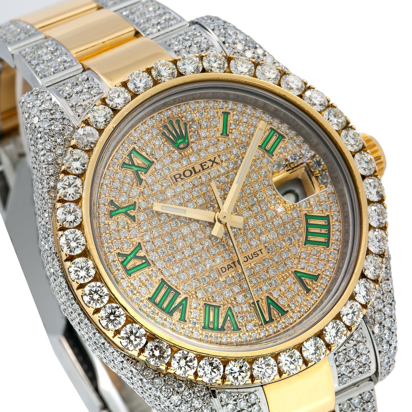 Rolex Datejust 36MM 116233 Diamond Paved Green Roman Dial Diamond Bezel Two Tone Yellow Gold Semi Diamond Oyster Bracelet 14.25ct