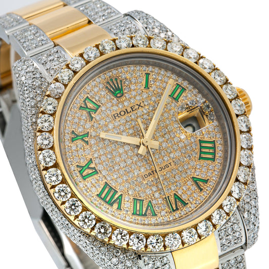 Rolex Datejust 36MM 116233 Diamond Paved Green Roman Dial Diamond Bezel Two Tone Yellow Gold Semi Diamond Oyster Bracelet 14.25ct