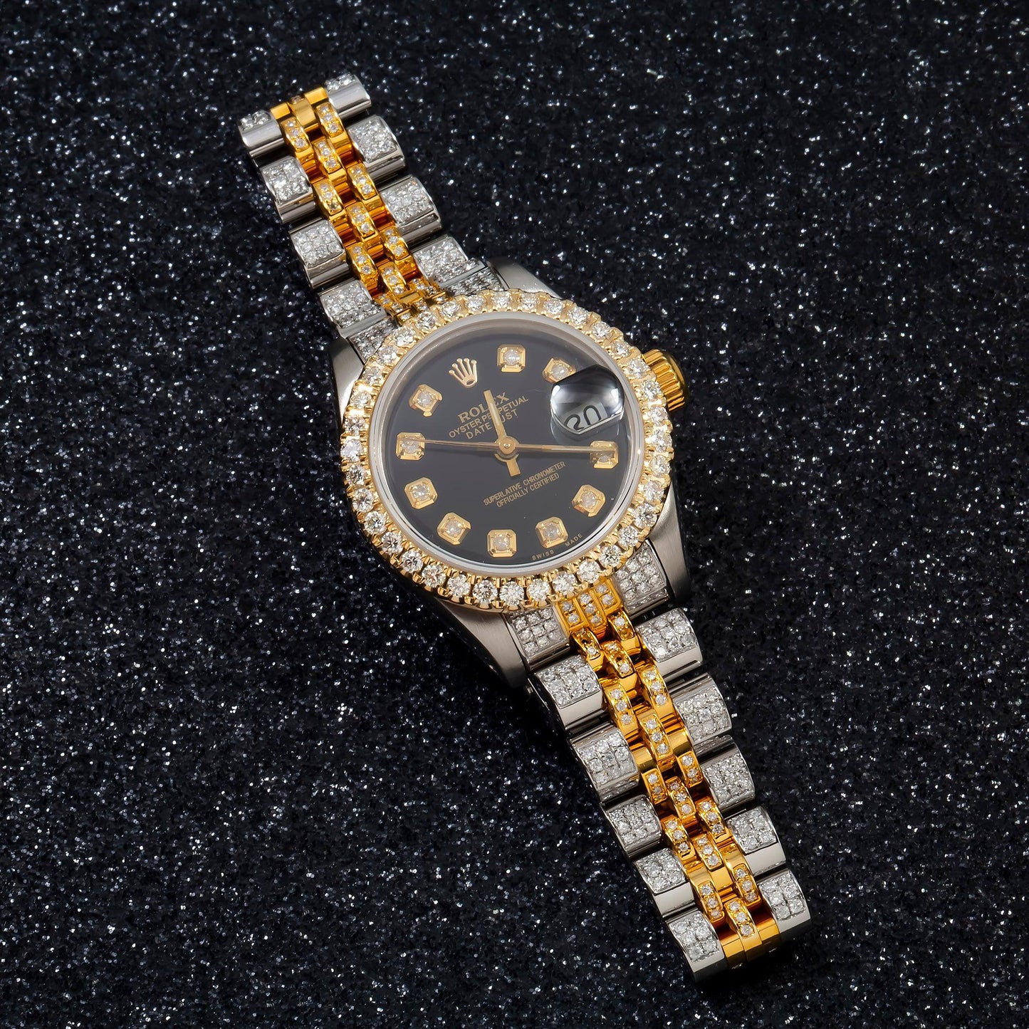 Rolex Datejust 26MM 69173 Black Diamond Dial Diamond Bezel Two Tone Yellow Gold Full Diamond Jubilee Bracelet