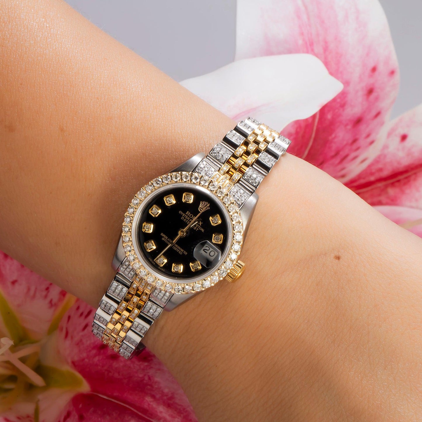 Rolex Datejust 26MM 6917 Black Diamond Dial Diamond Bezel Two Tone Yellow Gold Full Diamond Jubilee Bracelet