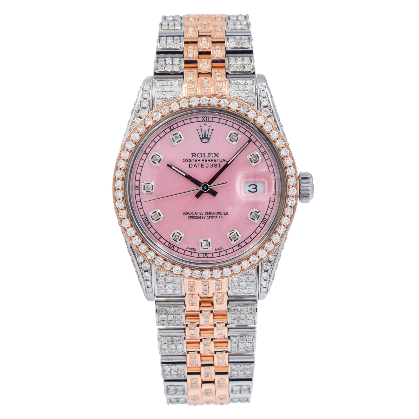 Rolex Datejust 36MM 16231 Pink Diamond Dial Diamond Bezel Two Tone Rose Gold Full Diamond Jubilee Bracelet 8.25ct