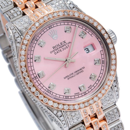 Rolex Datejust 36MM 16231 Pink Diamond Dial Diamond Bezel Two Tone Rose Gold Full Diamond Jubilee Bracelet 8.25ct