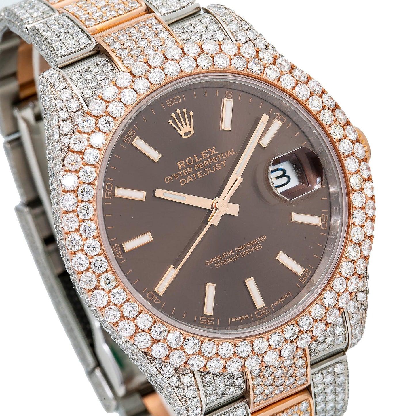 Rolex Datejust 41MM 126331 Chocolate Dial Diamond Bezel Two Tone Rose Gold Full Diamond Jubilee Bracelet 21.25ct