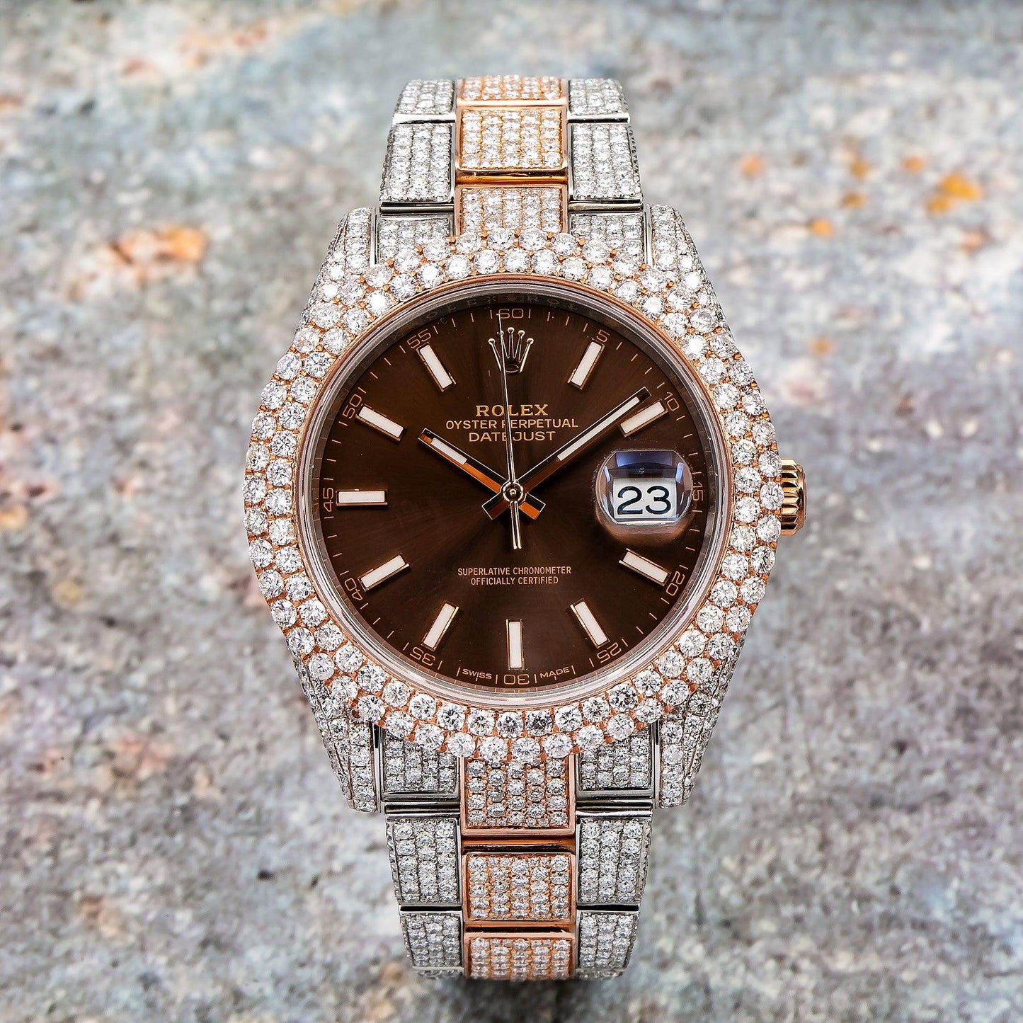 Rolex Datejust 41MM 126331 Chocolate Dial Diamond Bezel Two Tone Rose Gold Full Diamond Jubilee Bracelet 21.25ct
