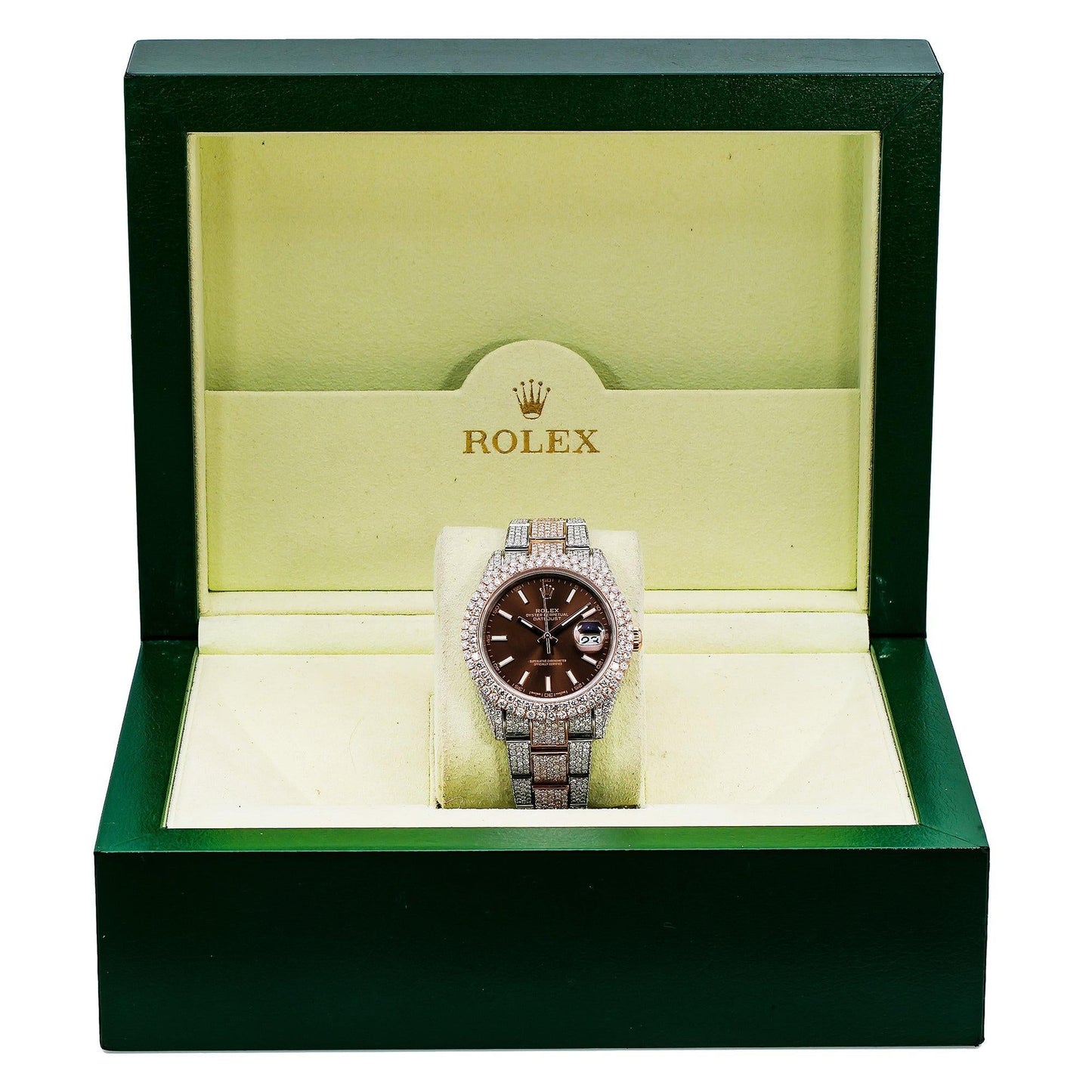 Rolex Datejust 41MM 126331 Chocolate Dial Diamond Bezel Two Tone Rose Gold Full Diamond Jubilee Bracelet 21.25ct