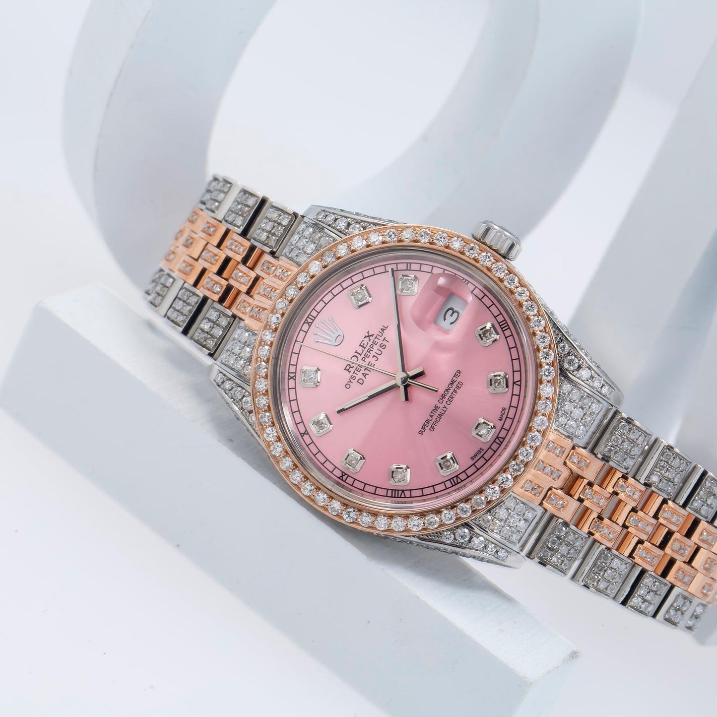 Rolex Datejust 36MM 16231 Pink Diamond Dial Diamond Bezel Two Tone Rose Gold Full Diamond Jubilee Bracelet 8.25ct