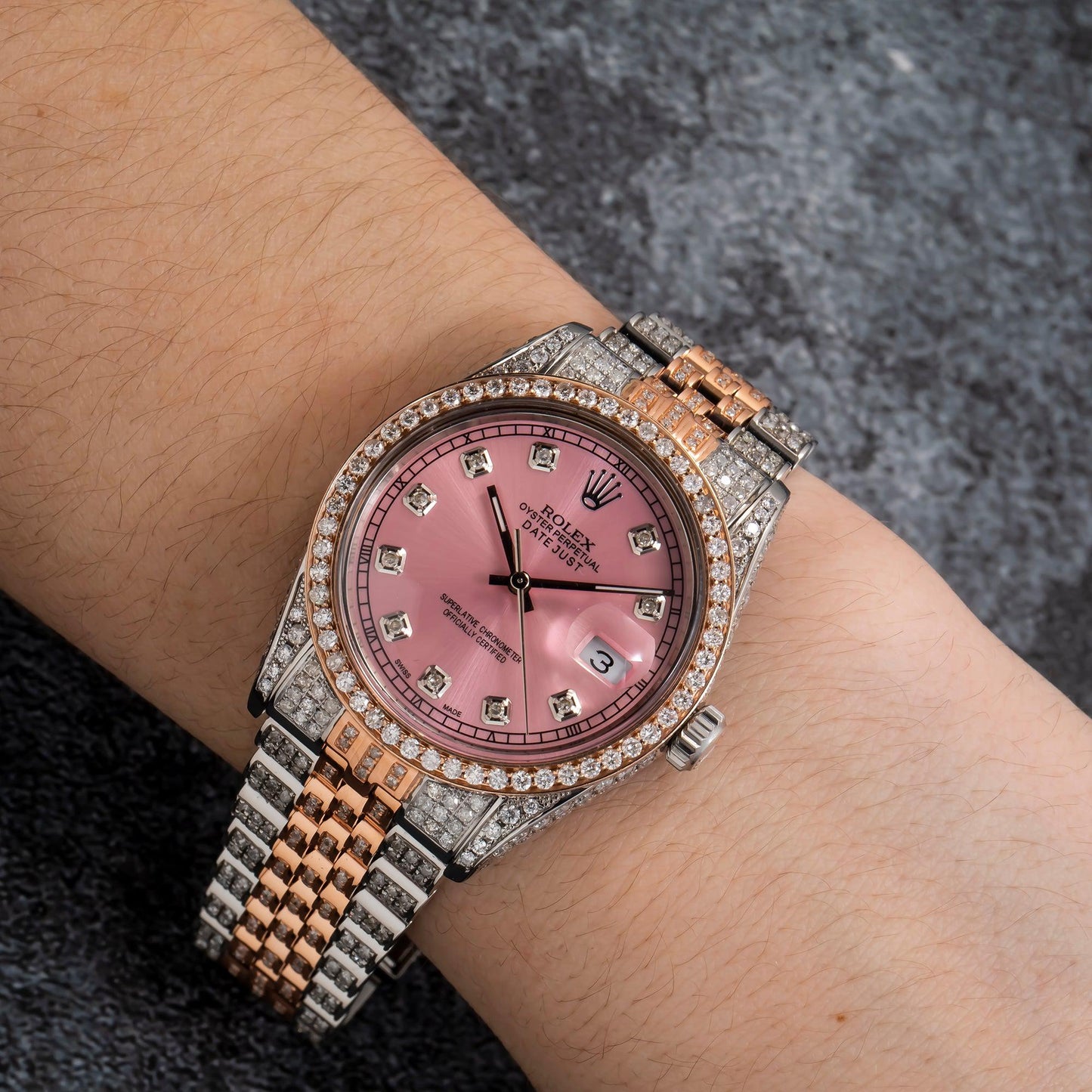 Rolex Datejust 36MM 16231 Pink Diamond Dial Diamond Bezel Two Tone Rose Gold Full Diamond Jubilee Bracelet 8.25ct