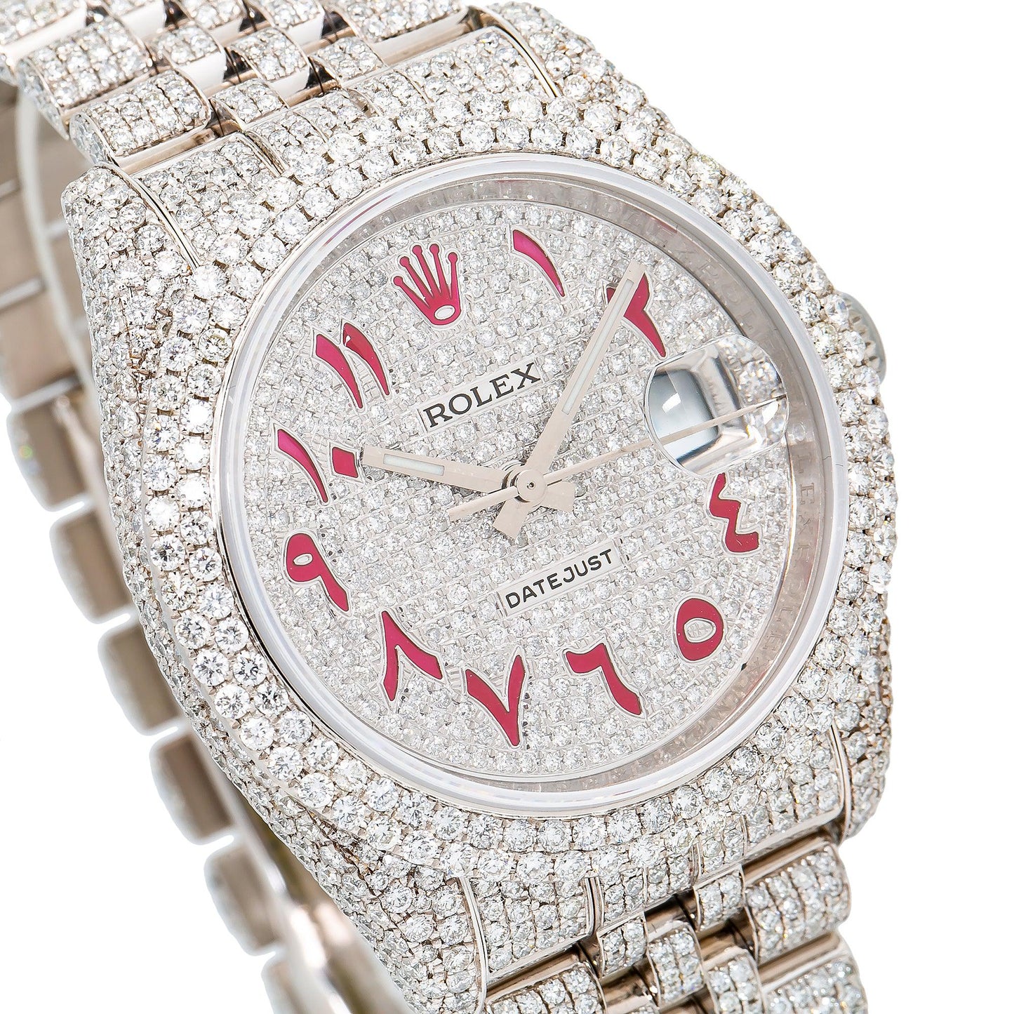 Rolex Datejust 36MM 116234 Diamond Paved Red Eastern Arabic Dial Diamond Bezel Stainless Steel Full Diamond Jubilee Bracelet 12.75ct