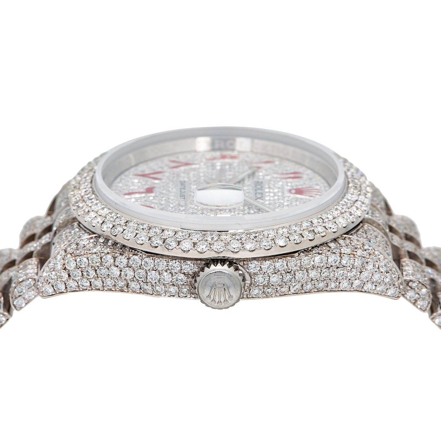 Rolex Datejust 36MM 116234 Diamond Paved Red Eastern Arabic Dial Diamond Bezel Stainless Steel Full Diamond Jubilee Bracelet 12.75ct