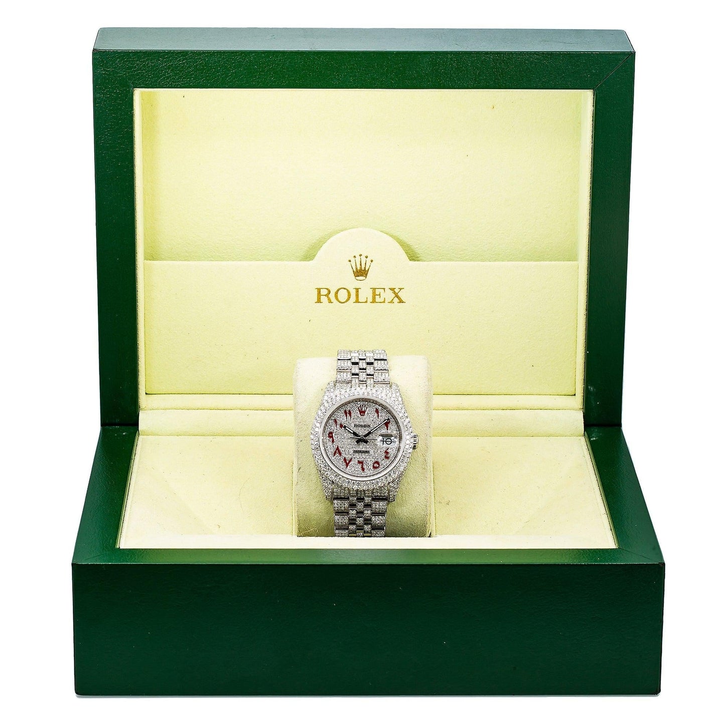 Rolex Datejust 36MM 116234 Diamond Paved Red Eastern Arabic Dial Diamond Bezel Stainless Steel Full Diamond Jubilee Bracelet 12.75ct