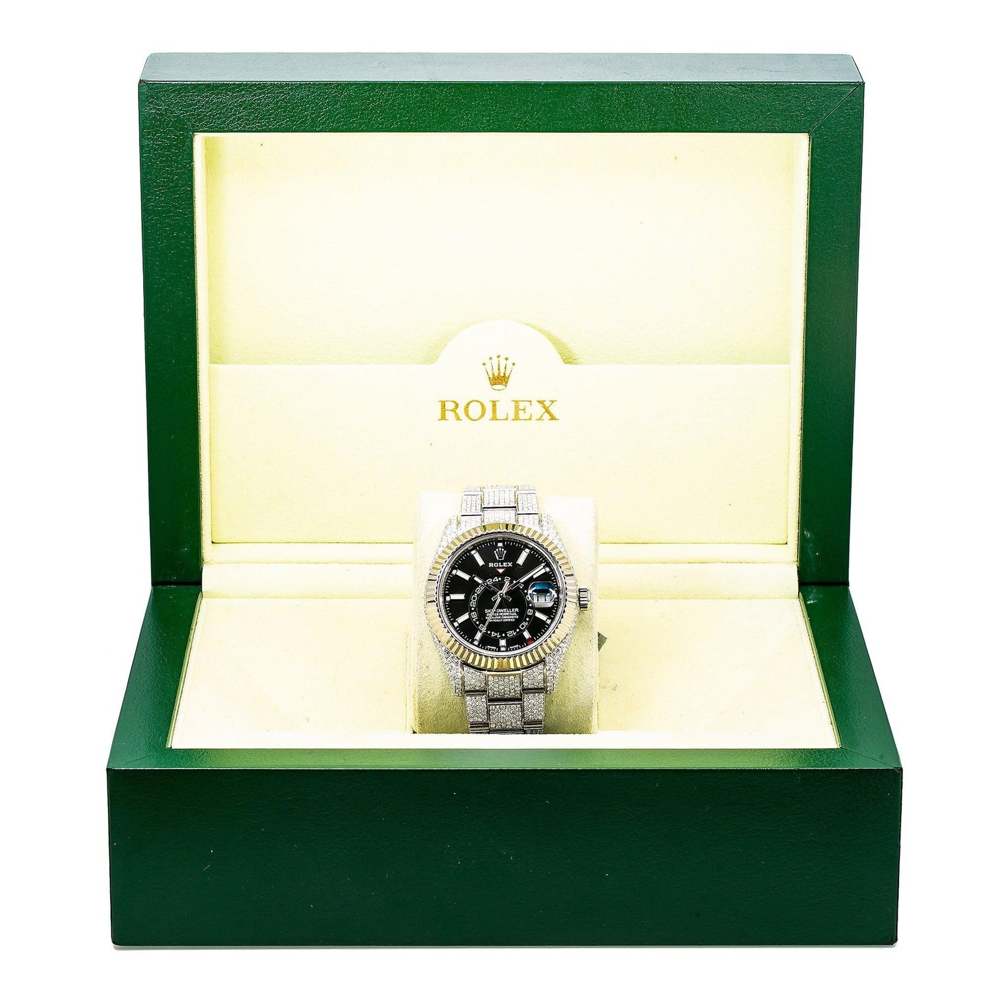 Rolex Sky-Dweller 42MM 326934 Black Dial Fluted Bezel Stainless Steel Full Diamond Oyster Bracelet 22.25ct