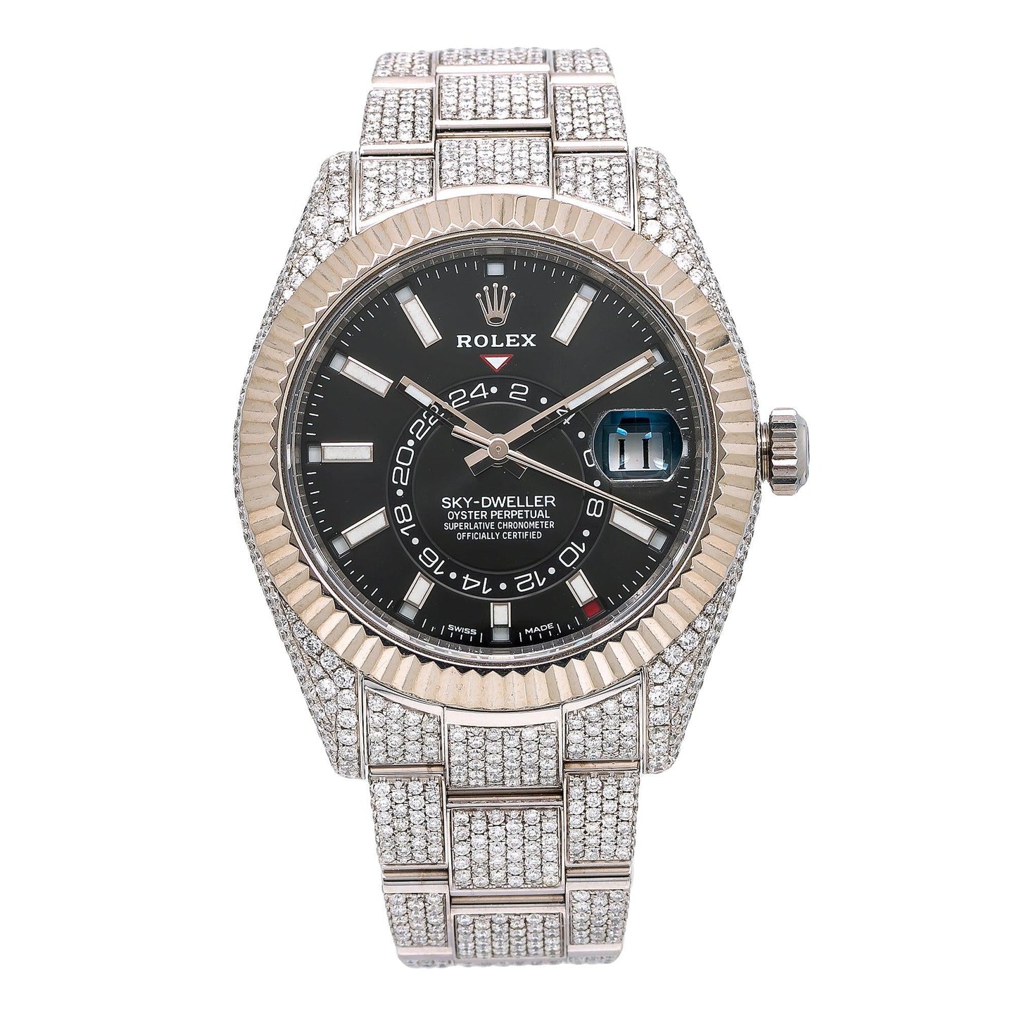Rolex Sky-Dweller 42MM 326934 Black Dial Fluted Bezel Stainless Steel Full Diamond Oyster Bracelet 22.25ct