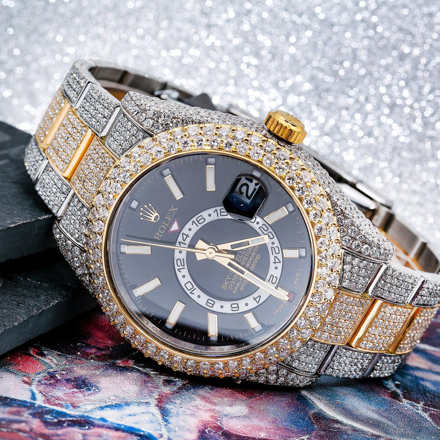 Rolex Sky-Dweller 42MM 326933 Black Dial Diamond Bezel Two Tone Yellow Gold Full Diamond Oyster Bracelet