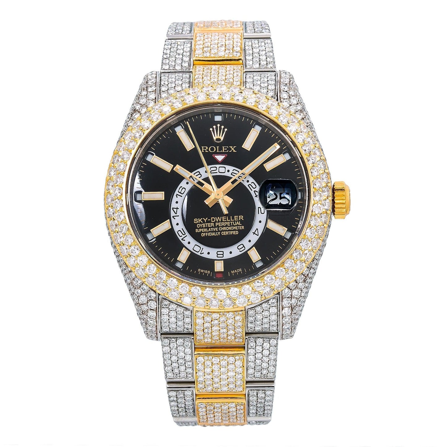 Rolex Sky-Dweller 42MM 326933 Black Dial Diamond Bezel Two Tone Yellow Gold Full Diamond Oyster Bracelet